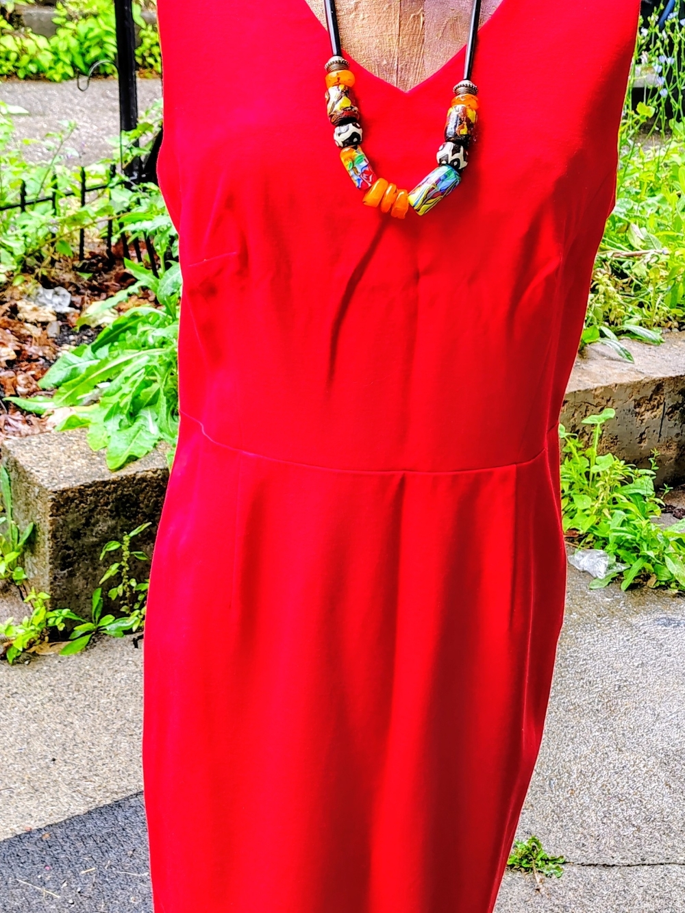 Talbots Red Sleeveless V-Neck Midi Dress With Peek A Boo Back Neckline. Side Zip